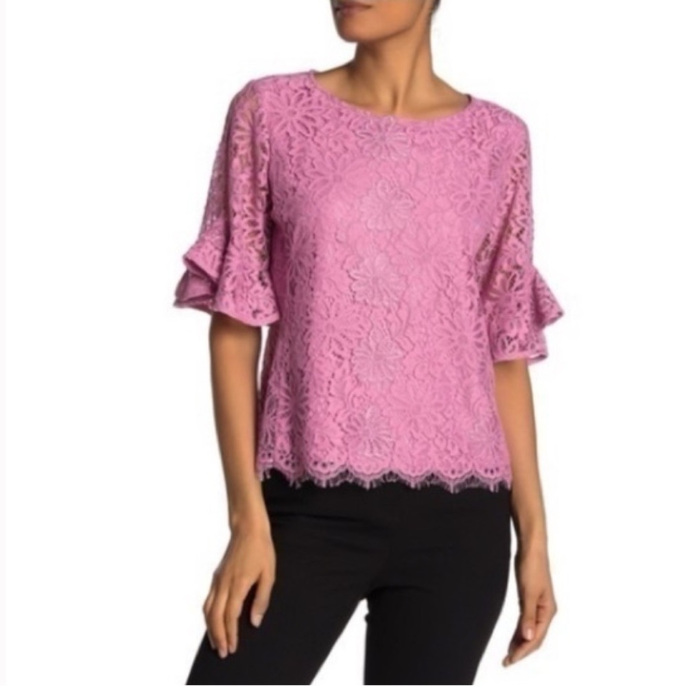 Nanette Lepore Dusty Pink Scalloped Hem Ruffled Bell Sleeve Lace Top